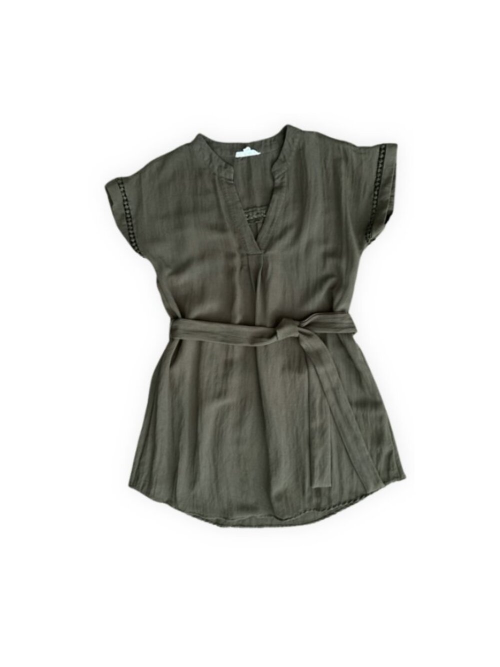 Mine Olive Green Boho Tunic Cap Sleeve V-Neck Tie Waist Crochet Trim Size